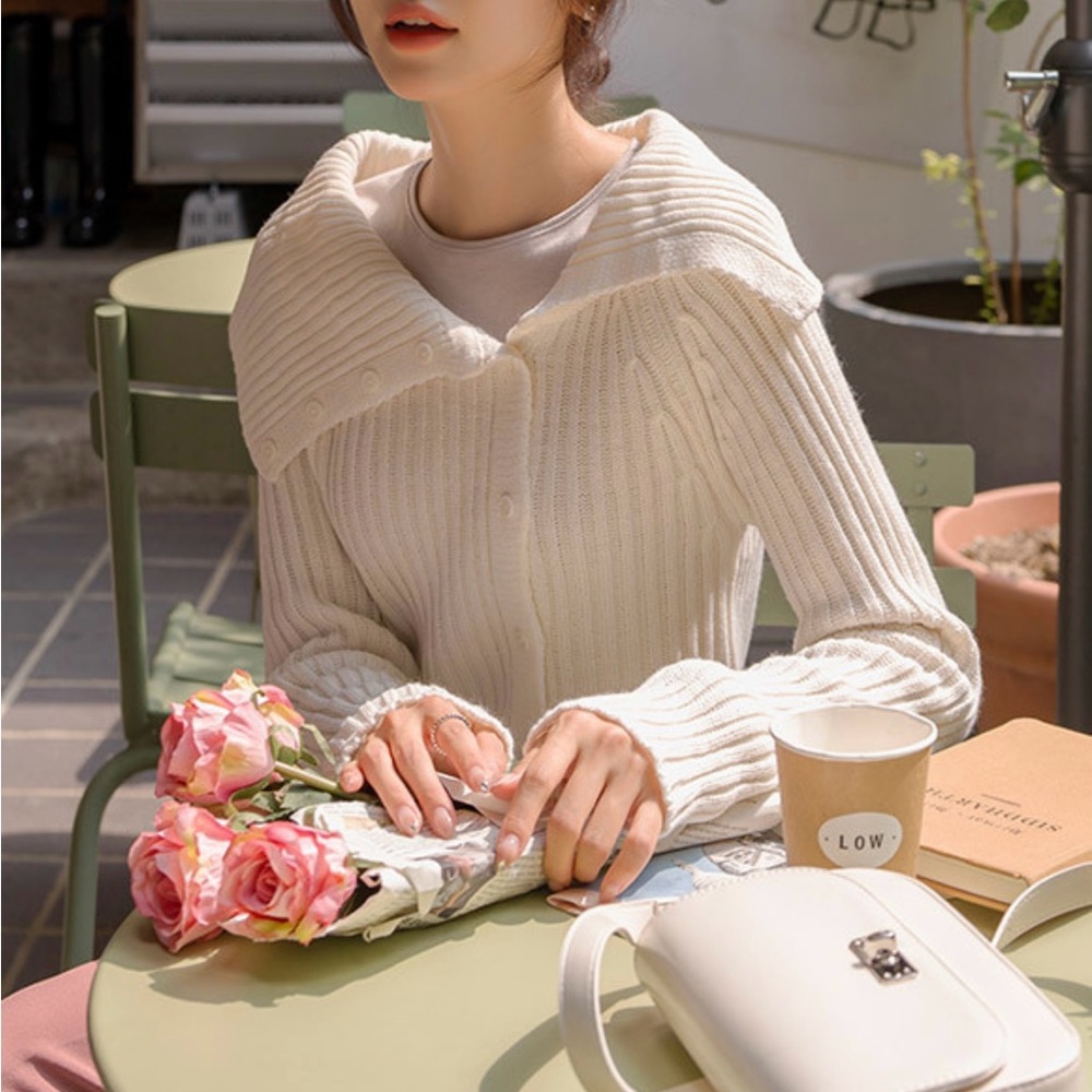 Pink Rose Sweater Women Large Beige Ribbed knit Open Collar Wide neckline Style